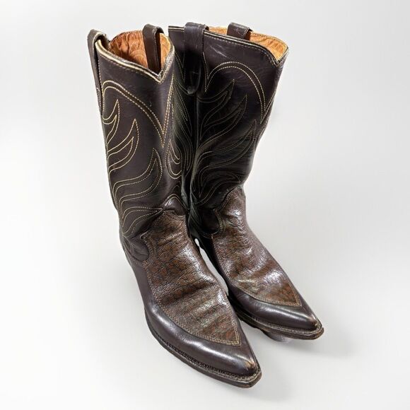 VTG Men’s Cowboy Boots USA Made Leather Exotic Print Sz 8.5D Western Pointed Toe - Picture 1 of 7